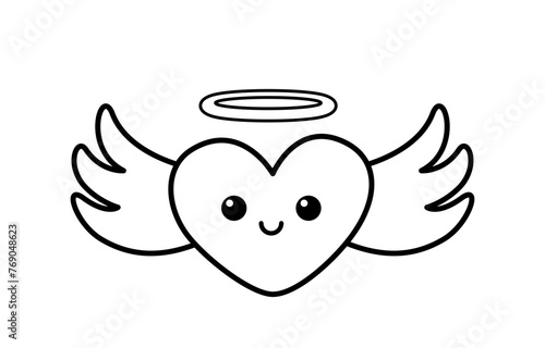 Flying heart with rings and nimbus coloring book. Black and white heart. Vector