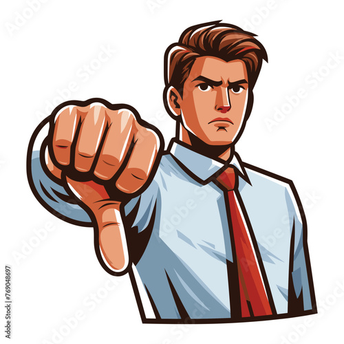 Man showing thumbs down design illustration, unhappy male gesturing dislike, disapproval sign, negative expression, disagreement. vector template isolated on white background