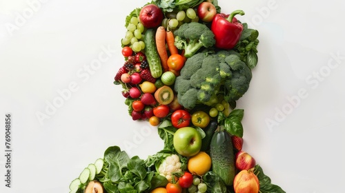 Colorful assortment of fruits and vegetables forming a human profile, ideal for healthy lifestyle, vegan eating and nutrition themes.