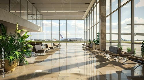 Empty airport terminal lounge with airplane on background