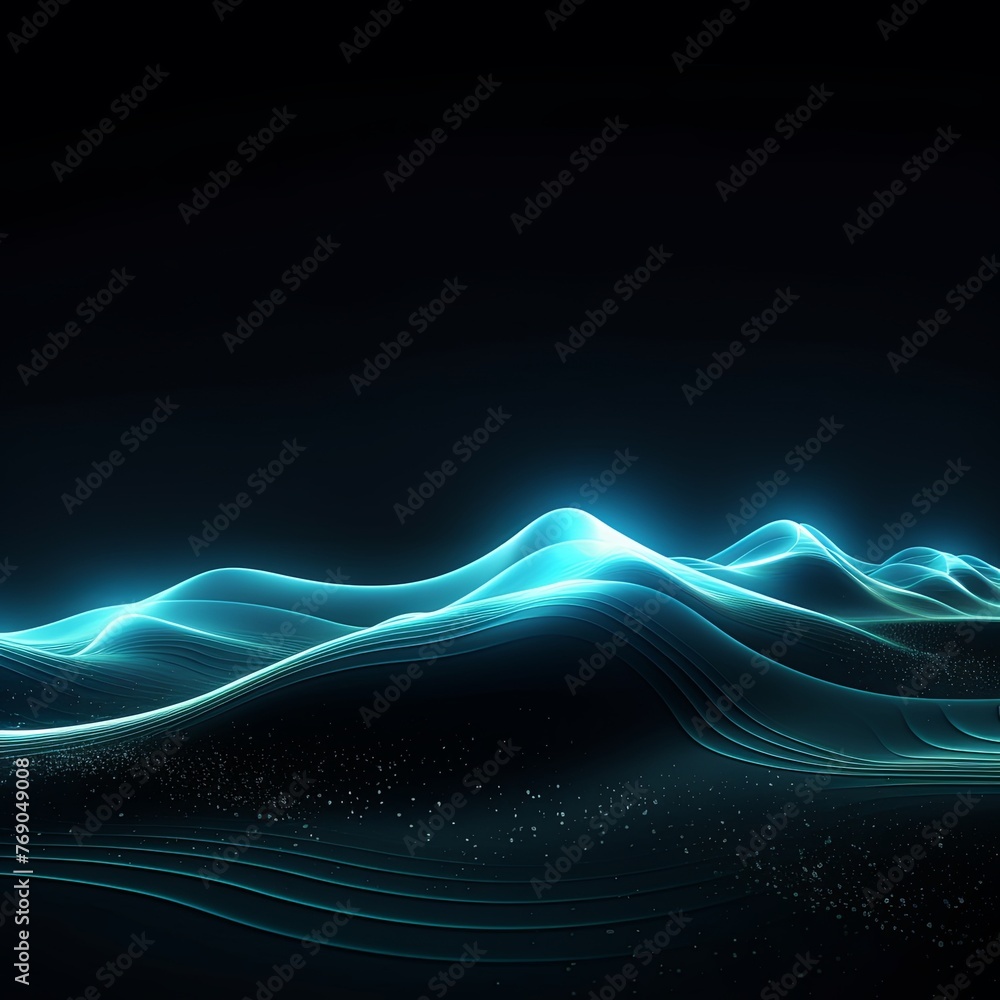 dark background illustration with cyan fluorescent lines, in the style of realistic cyan skies