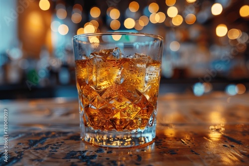 A close-up of a whiskey glass with ice cubes on a bar, reflecting warm ambient lights and bokeh in the background photo