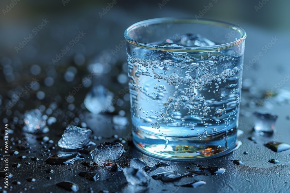 Detailed image of a water-filled glass with copious water droplets on a dark surface Detailed image of a water-filled glass with copious water droplets on a dark surface