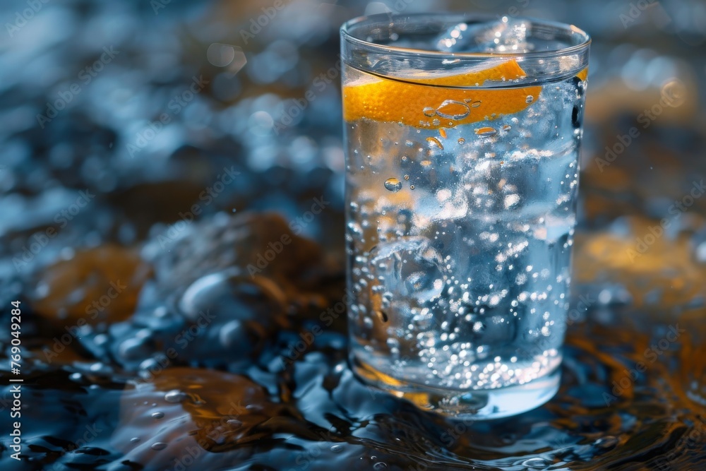 A refreshing glass filled with sparkling water and a slice of orange on a wet surface with ice in the background A refreshing glass filled with sparkling water and a slice of orange on a wet surface with ice in the background