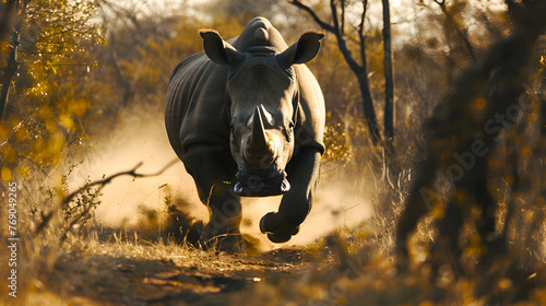 Rhinoceros charging through the dense African bush