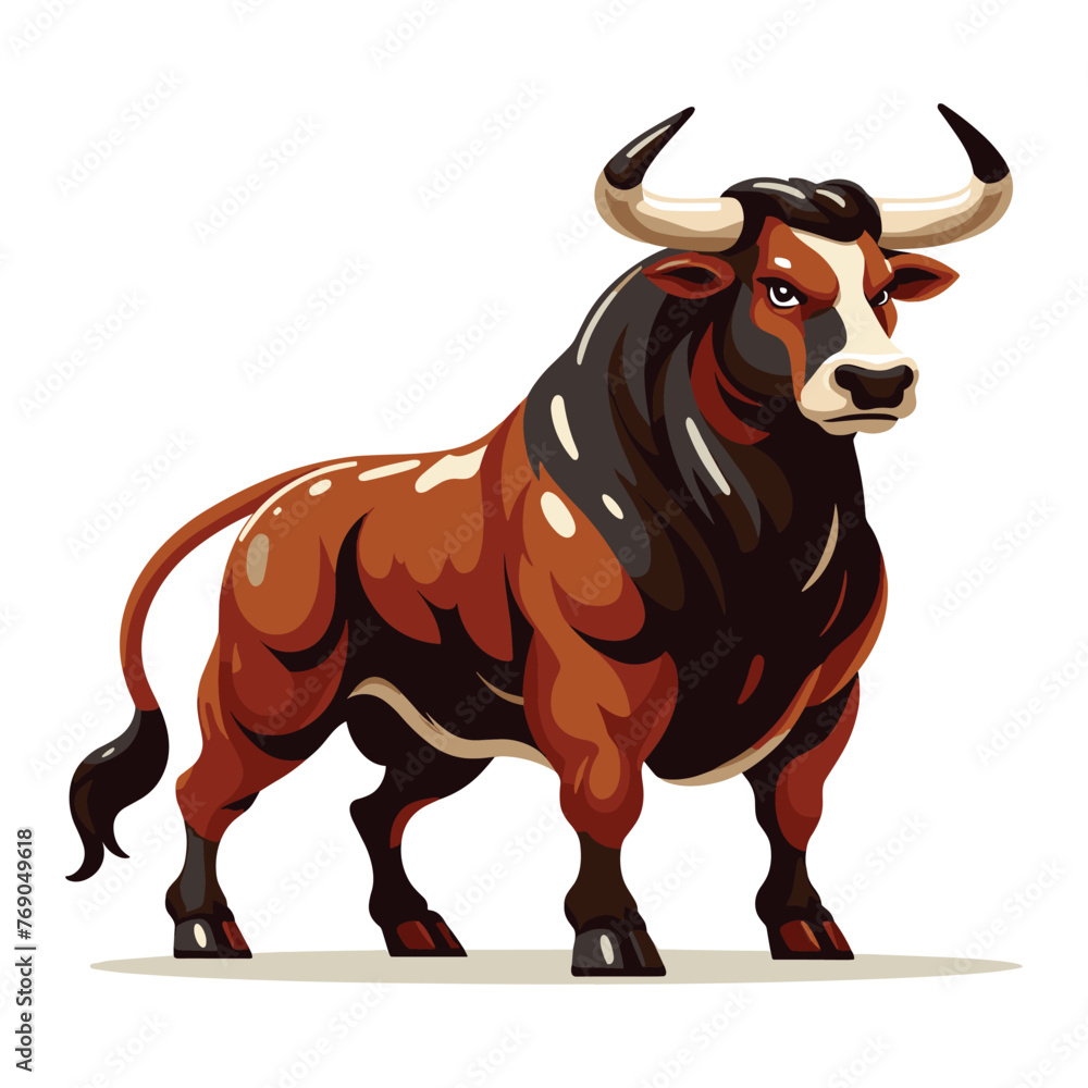 Strong bull full body design mascot illustration, farm animal or butcher shop graphic template, angry horned bull concept, vector isolated on white background