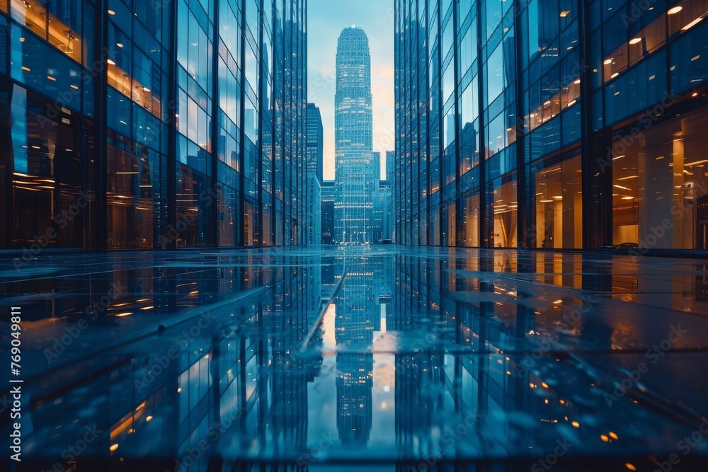 Image captures the mesmerizing symmetry and reflections of contemporary urban architecture against a twilight sky