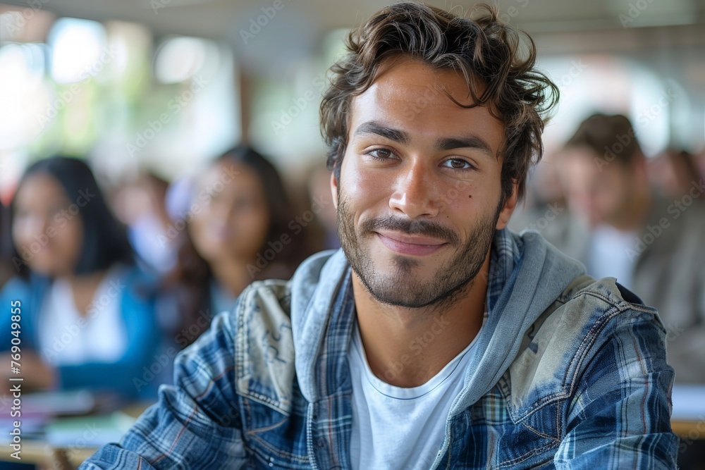 A young man smiles at the camera in a classroom setting filled with students focusing on education A young man smiles at the camera in a classroom setting filled with students focusing on education