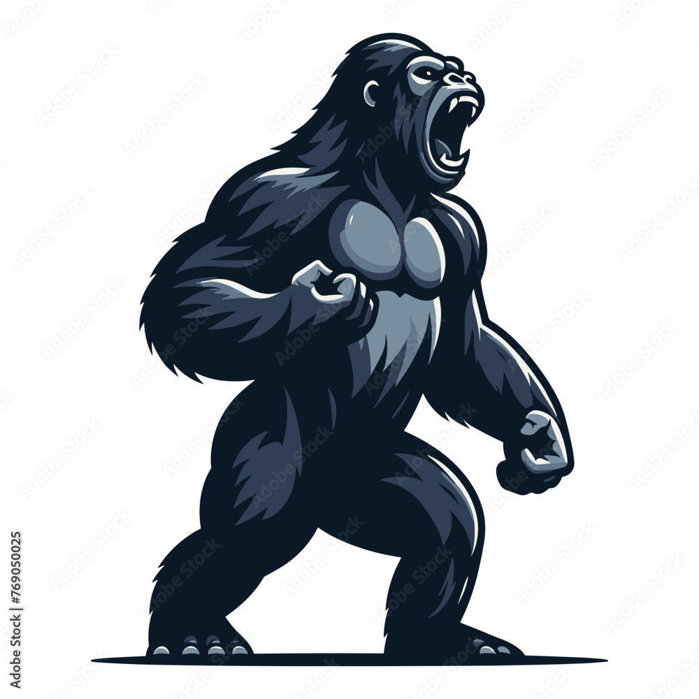 Wild angry gorilla full body vector illustration, primate animal zoology element illustration, roaring strong big ape concept, design template isolated on white background Wild angry gorilla full body vector illustration, primate animal zoology element illustration, roaring strong big ape concept, design template isolated on white background