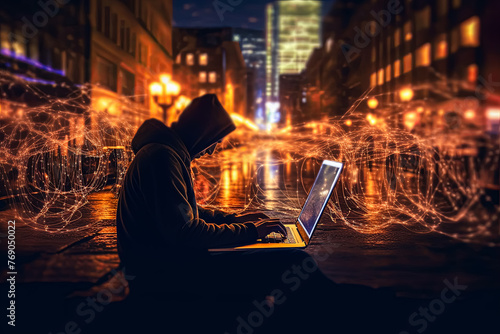 A man is sitting on a ledge with a laptop in front of him.
