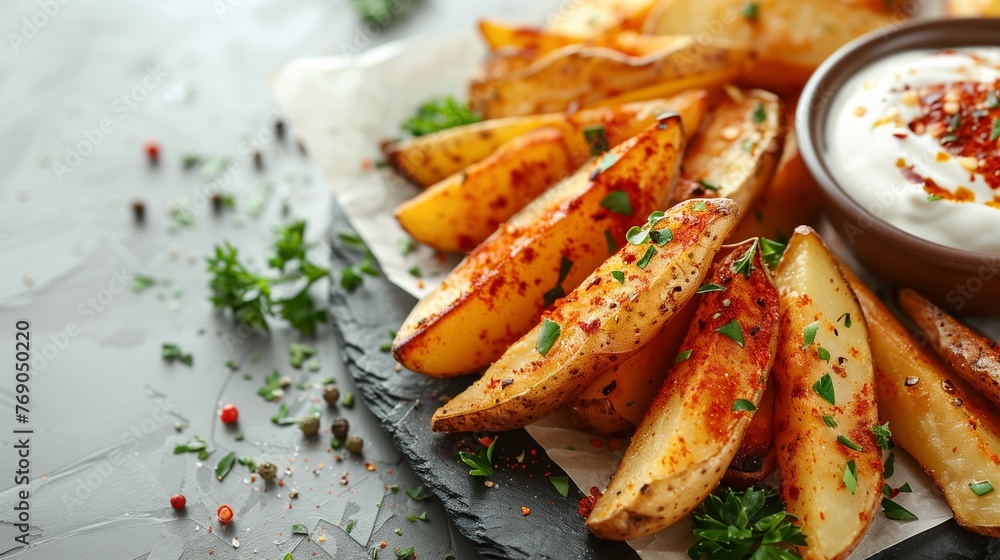 Crisp potato wedges served alongside sour cream dip infused with aromatic herbs for ultimate indulgence Crisp potato wedges served alongside sour cream dip infused with aromatic herbs for ultimate indulgence