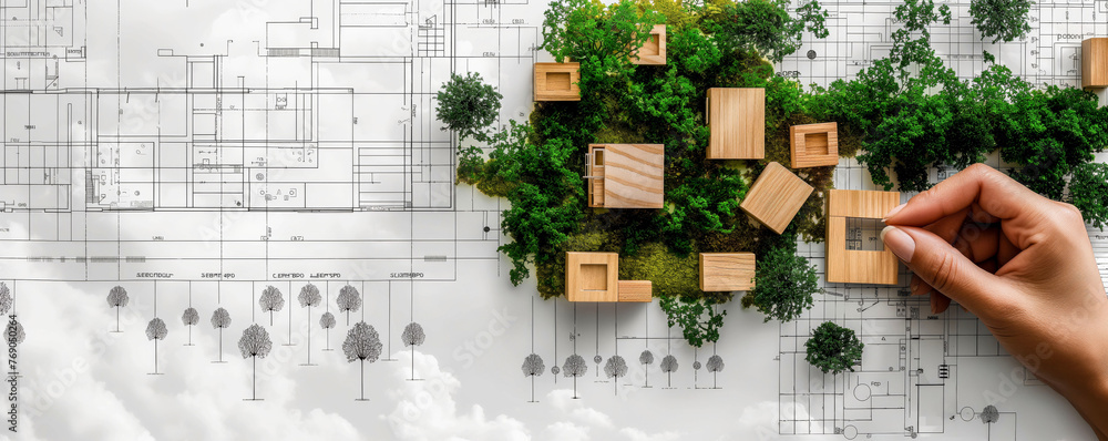 Fototapeta premium Eco-Friendly Urban Planning Design with Greenery and Wooden Models