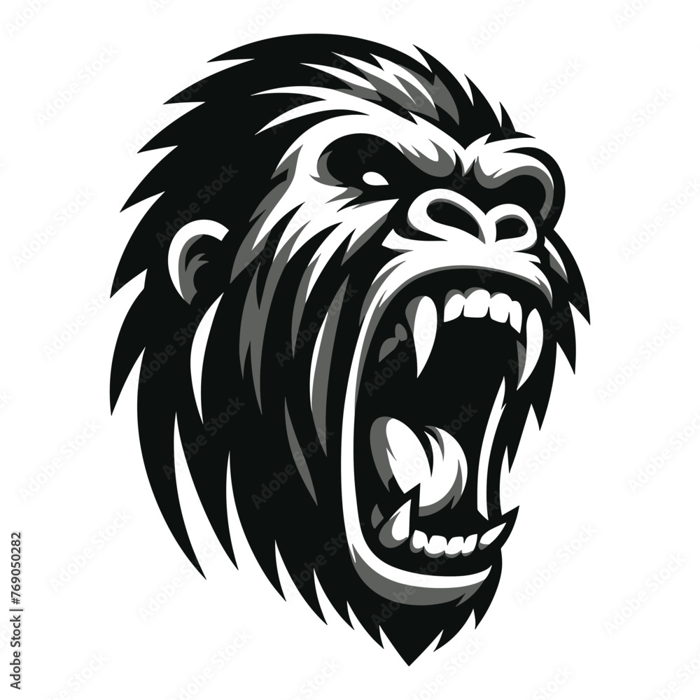 Wild angry gorilla head face design illustration, roaring strong big ape logo mascot, primate animal zoology element illustration, vector template isolated on white background