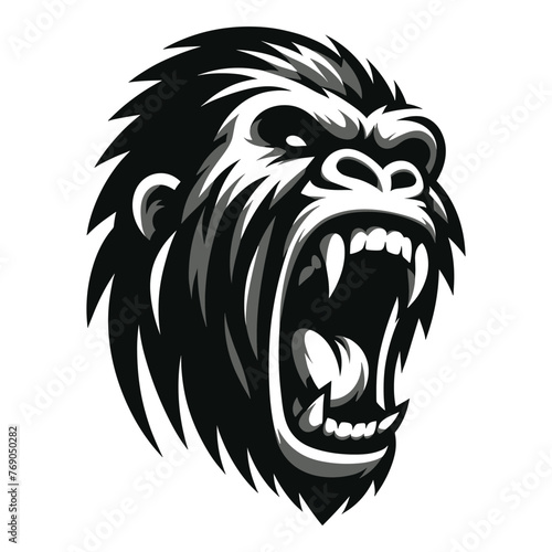 Wild angry gorilla head face design illustration  roaring strong big ape logo mascot  primate animal zoology element illustration  vector template isolated on white background