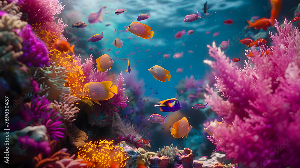 Schools of colorful angelfish darting among vibrant coral reefs - obrazy, fototapety, plakaty 