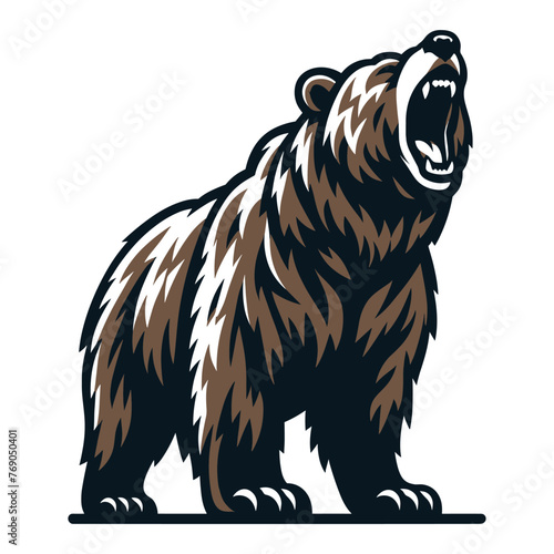 Roaring grizzly bear full body vector illustration, wild beast brown bear, animal predator zoology element illustration, design template isolated on white background
