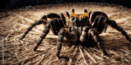  A detailed shot of a sizeable arachnid perched on a tawny surface, featuring a patterned stripe across its cephalothorax