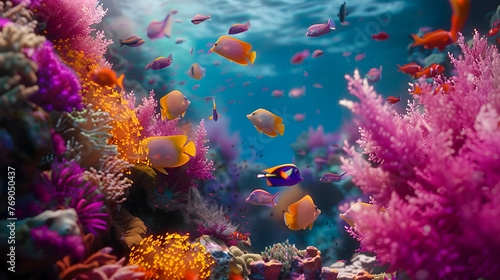 Schools of colorful angelfish darting among vibrant coral reefs © Muhammad