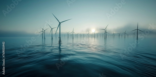 Ethereal Sunrise Over Tranquil Sea with Silhouetted Wind Turbines 