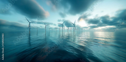 Offshore Wind Turbines in Misty Ocean Waters under Moody Skies 