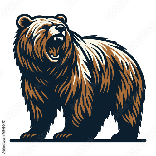 Roaring grizzly bear full body design illustration, animal predator zoology element illustration, wild beast brown bear, vector template isolated on white background