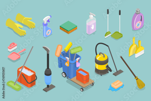 3D Isometric Flat Vector Illustration of Cleaning Items, Domestic Housekeeping Products