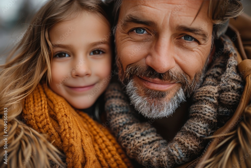 Close-up of a father and daughter snuggling in warm winter clothes Close-up of a father and daughter snuggling in warm winter clothes