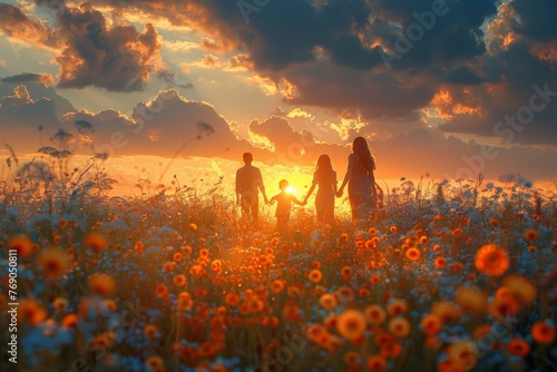 Four friends hold hands in a field of flowers, silhouetted against a colorful sunset sky photo