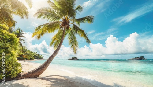 Beautiful palm tree on tropical island beach on background blue sky with white clouds and turquoise ocean on sunny day. Perfect natural landscape for summer vacation © Marko