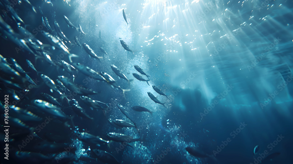 Shoal of shimmering sardines dancing in shimmering underwater light