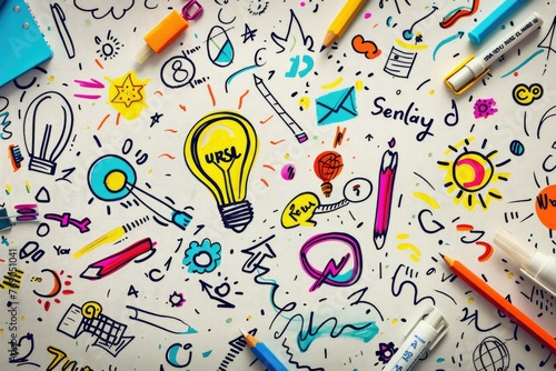 Colorful doodles on white background - Vibrant and creative collection of hand-drawn doodles and symbols on a white backdrop, depicting brainstorming and ideas