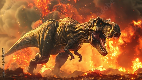 Intense T-Rex rampage amidst fiery chaos - The same fearsome Tyrannosaurus Rex charges forward in a sea of flames, evoking themes of danger and survival © Tida