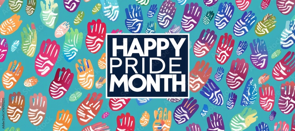 Fototapeta premium Pride Day themed rainbow and colored finger prints pattern background with the text 