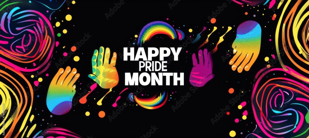 Pride Day themed graphic with rainbowcolored finger prints forming the shape of an oval, text reads 