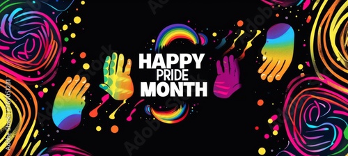 Pride Day themed graphic with rainbowcolored finger prints forming the shape of an oval  text reads  HAPPY PRIDE MONTH   background is black with colorful swirls and dots Generative AI