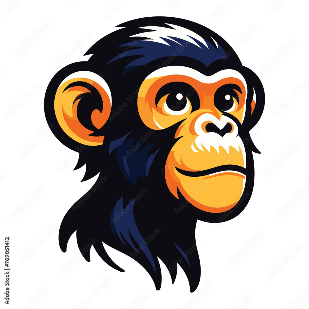 Monkey ape chimpanzee head face vector illustration, wild animal primate, monkey logo mascot illustration concept, design template isolated on white background