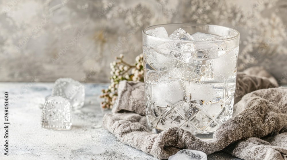 Chilled ice cubes in a glass of water on a luminous backdrop for a refreshing look Chilled ice cubes in a glass of water on a luminous backdrop for a refreshing look