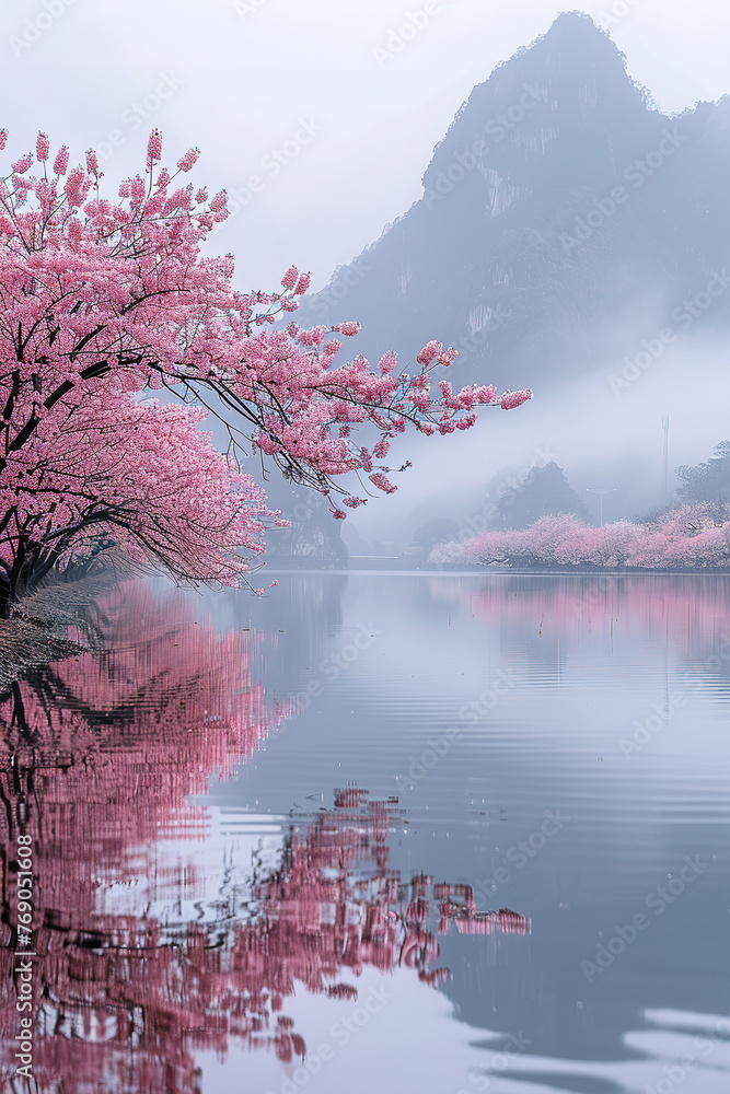 quiet lake in the mountain surrounded by beautiful nature scenery, Cherry blossoms blooming near the lake Foggy, cloudy sky