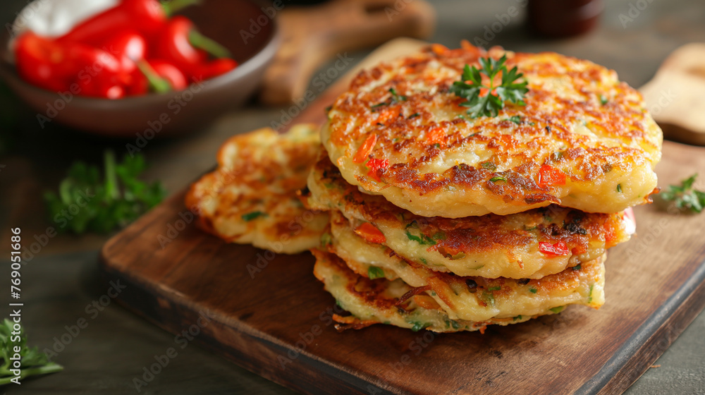 Potato Pancakes With Onion and Red Bell Pepper, AI generated Potato Pancakes With Onion and Red Bell Pepper, AI generated