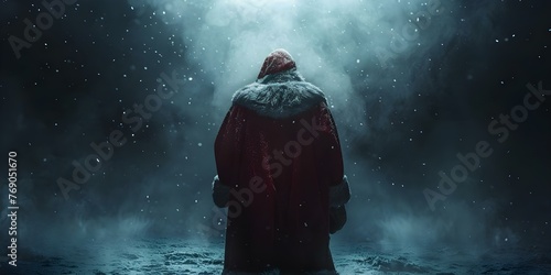 Evil Santa Claus in a dark snowy North Pole setting creating a spooky and eerie atmosphere. Concept Halloween Twist, Spooky Santa, Dark North Pole, Eerie Atmosphere, Snowy Setting