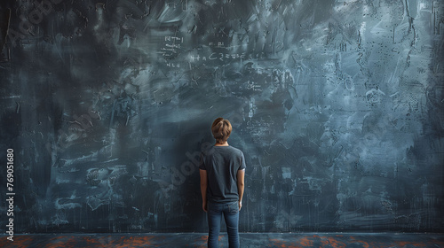Man contemplating in front of a textured dark wall, space for text and concepts of thought and decision-making.