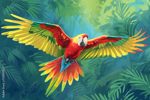 Red and yellow flying parrot cartoon, in the style of dark sky-blue and light green, AI generated photo