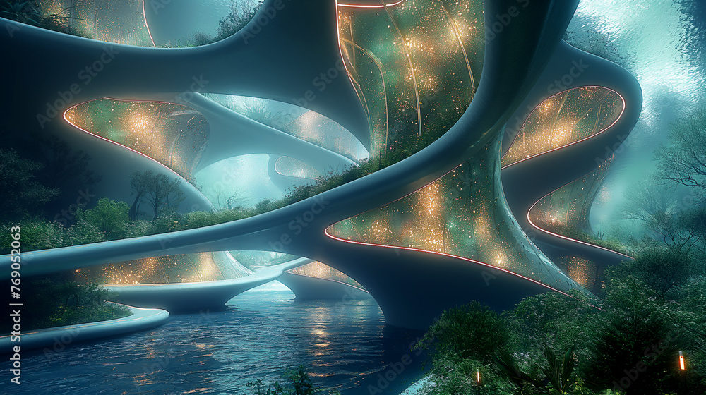 3d render of abstract art with surreal futuristic eco urban city on water with high told skyscrapers buildings with green trees around 	