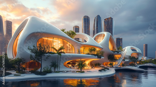 3d render of abstract art architecture building in futuristic modern organic curve and wavy lines formas based on glass and white glossy plastic materials with palm trees and skyscrapers on the back   photo
