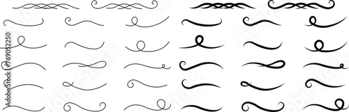 Hand drawn swirling lines and ornamental curls collections. Abstract calligraphic vector doodled dividers underline test icons set isolated on transparent background. Use for writing sketching. photo