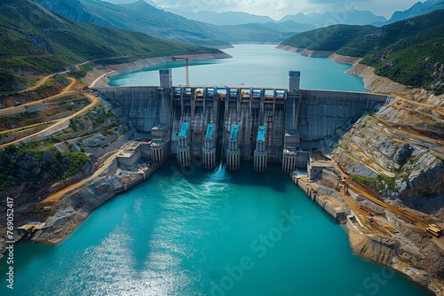 An awe-inspiring view of a colossal hydroelectric dam holding back the vibrant turquoise waters of a reservoir in a mountainous region photo