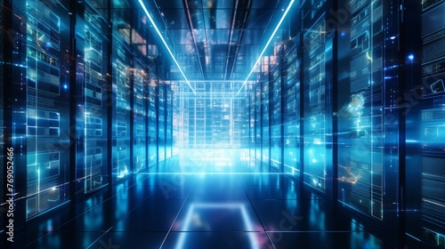 Futuristic Data Center with Glowing Blue Server Racks