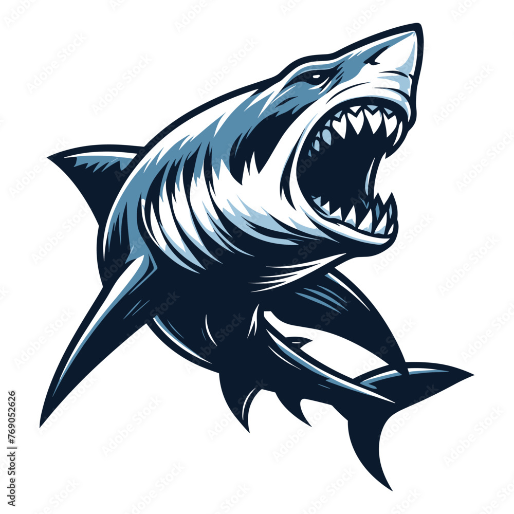 Fototapeta premium Angry wild great white shark vector illustration, marine predator animal element illustration, swimming toothy shark design template isolated on white background