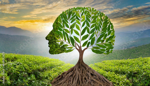 Human head shaped as a tree with green leaves and mountains in the background at sunset. World environment day and nature conservation day concept #769052678
