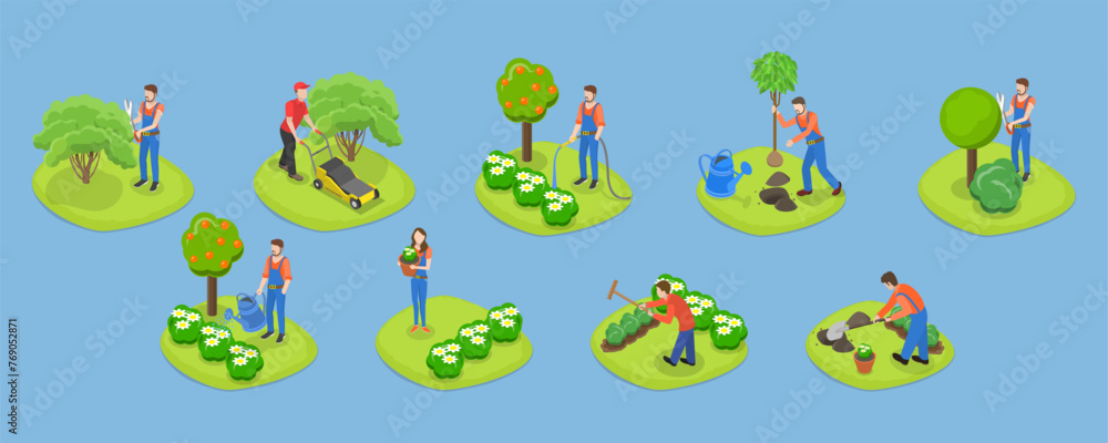 3D Isometric Flat Vector Set of Garden Tools And People, Landscape Designers and Farming Equipment